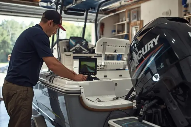 Technician servicing an outboard engine